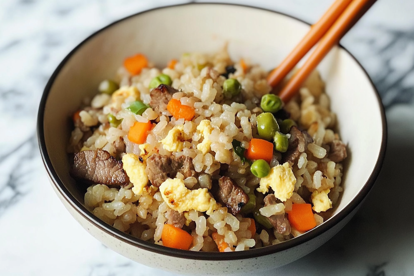 Arroz frit avec viande de boeuf