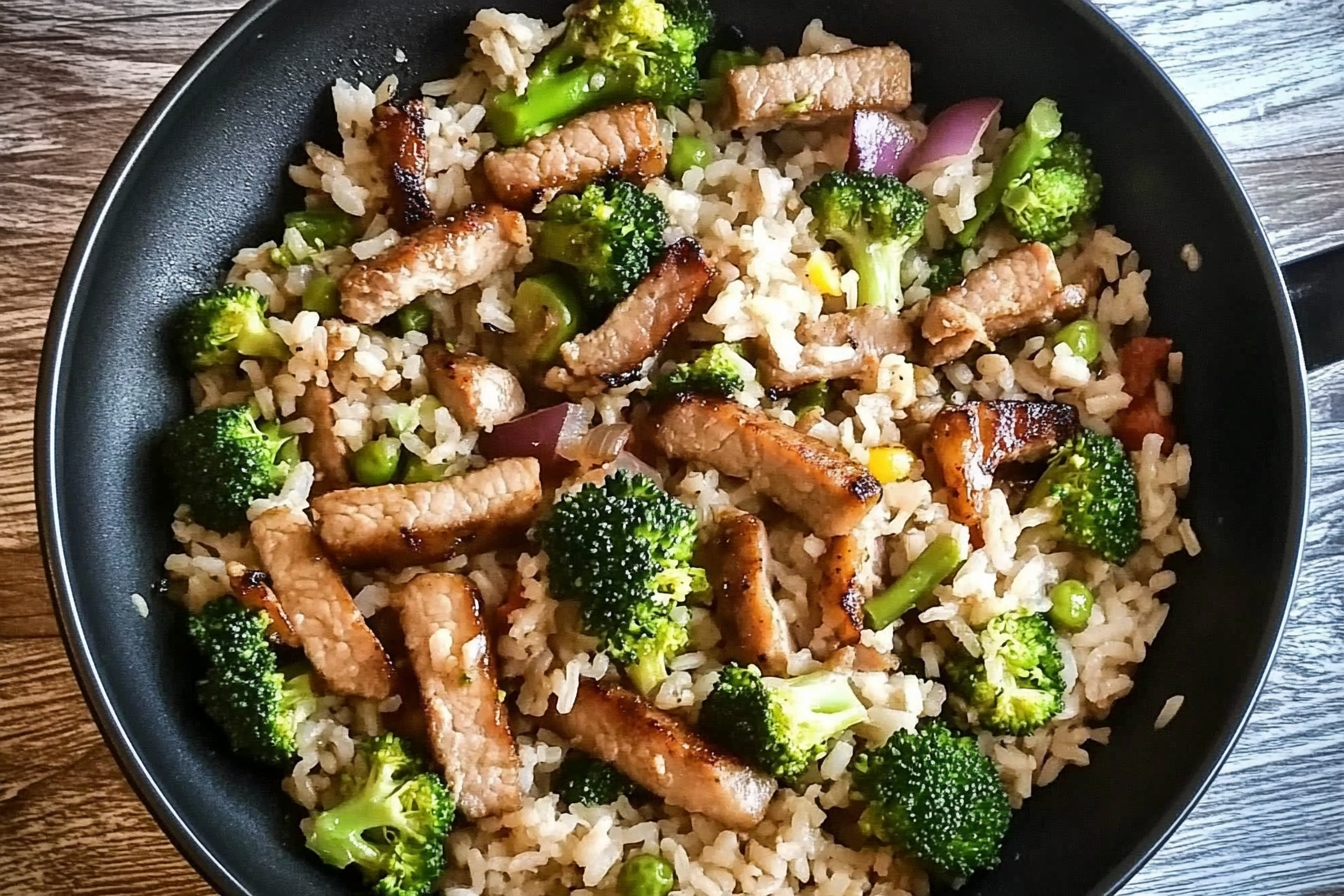 Arroz sauté au porc et brocoli