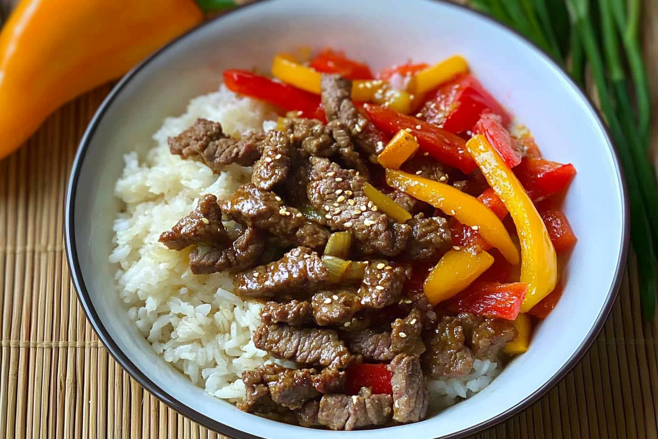 Bowl de riz, viande et poivrons