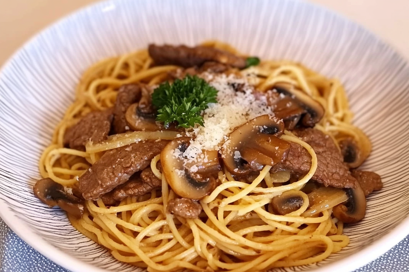 Espaguetis au bœuf et champignons