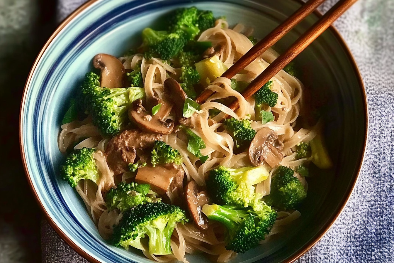 Noodles brocoli, viande et champignons