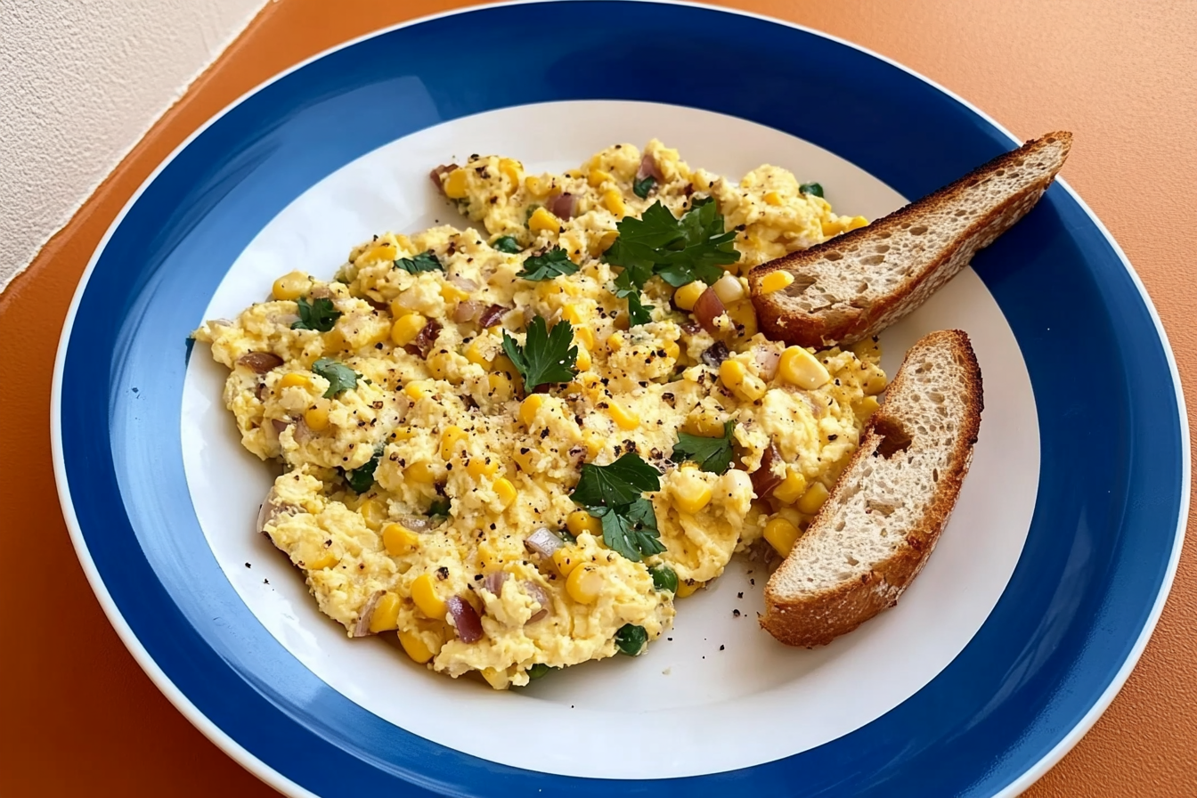 Œufs brouillés au maïs et oignons