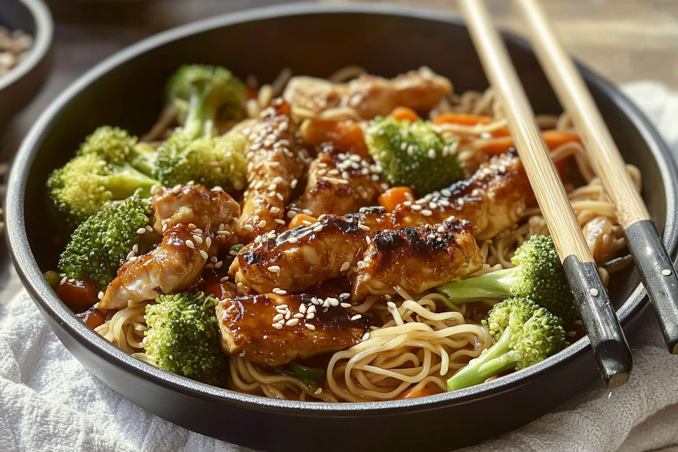 Poulet asiatique aux nouilles et brocoli