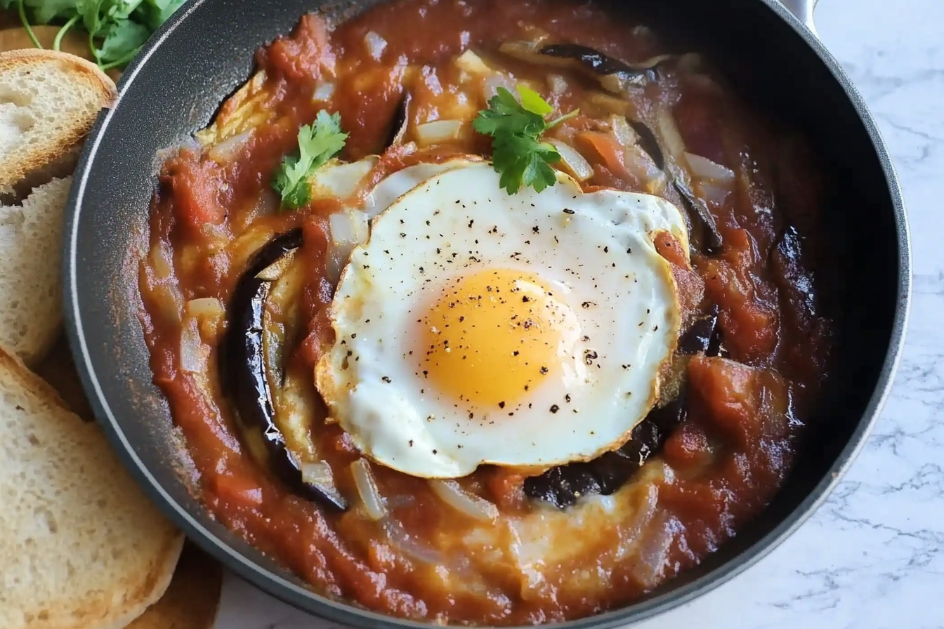 Sauté d'aubergines, tomates et œufs