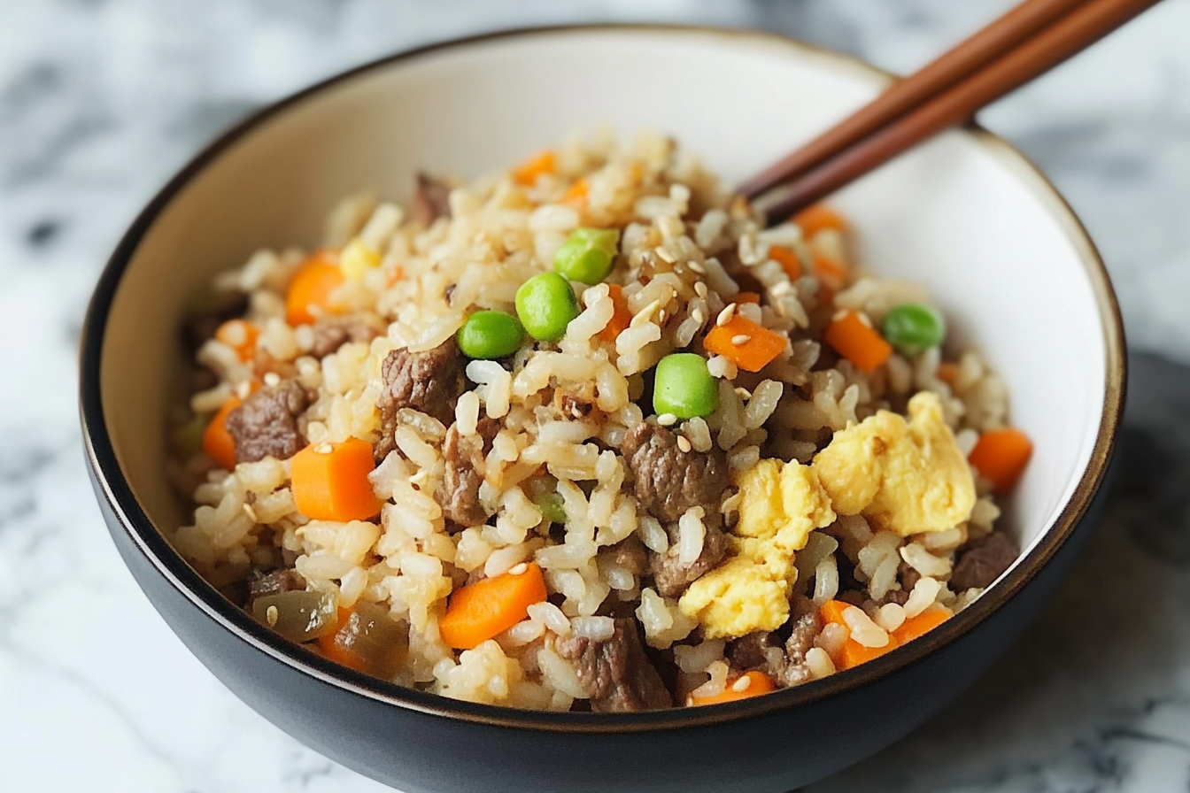 Arroz frit avec viande de boeuf