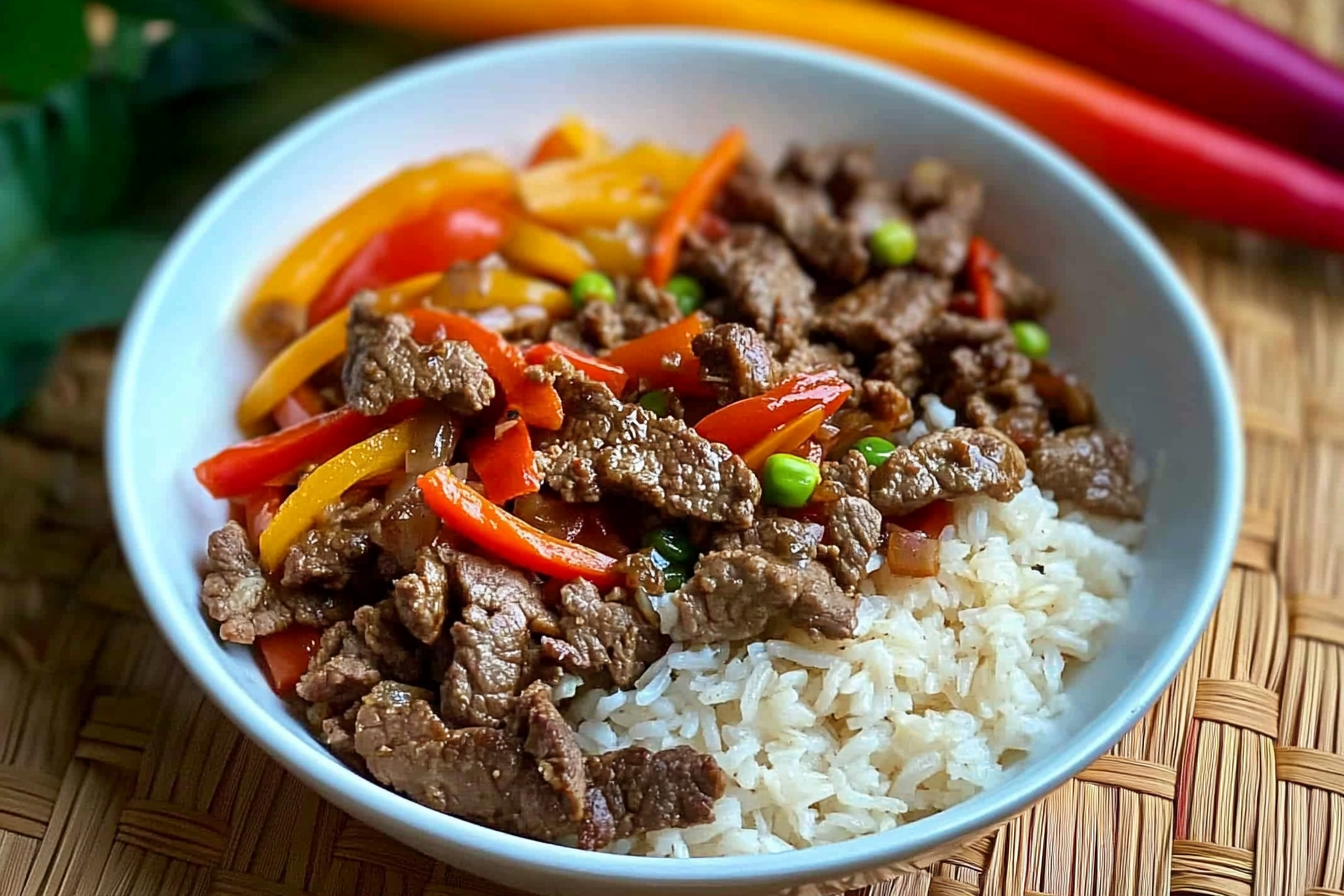 Bowl de riz, viande et poivrons