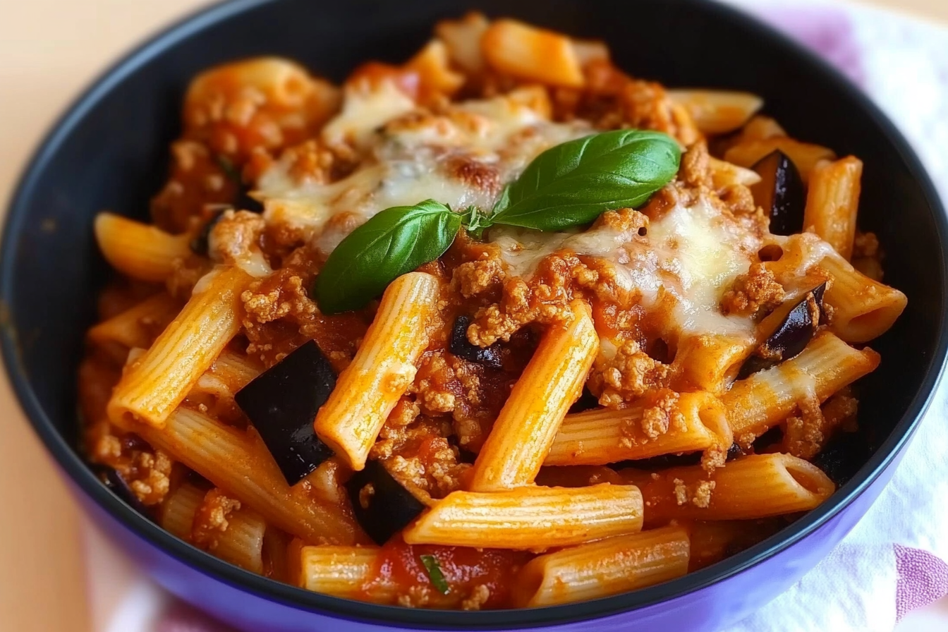 Macaroni aubergine et viande hachée