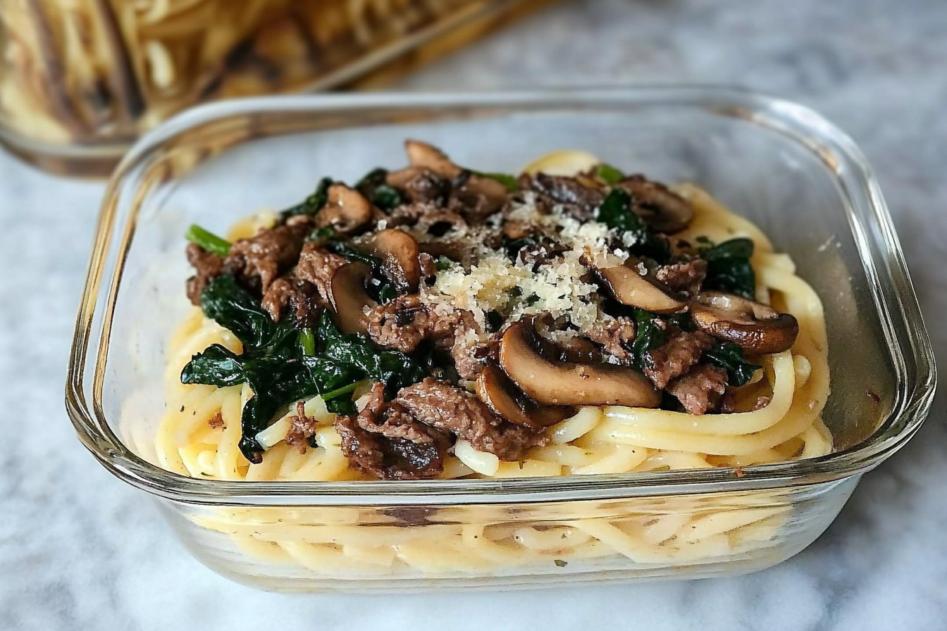 Pâtes à la viande et épinards