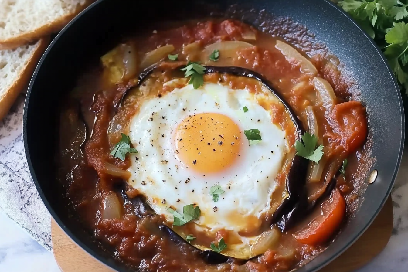Sauté d'aubergines, tomates et œufs