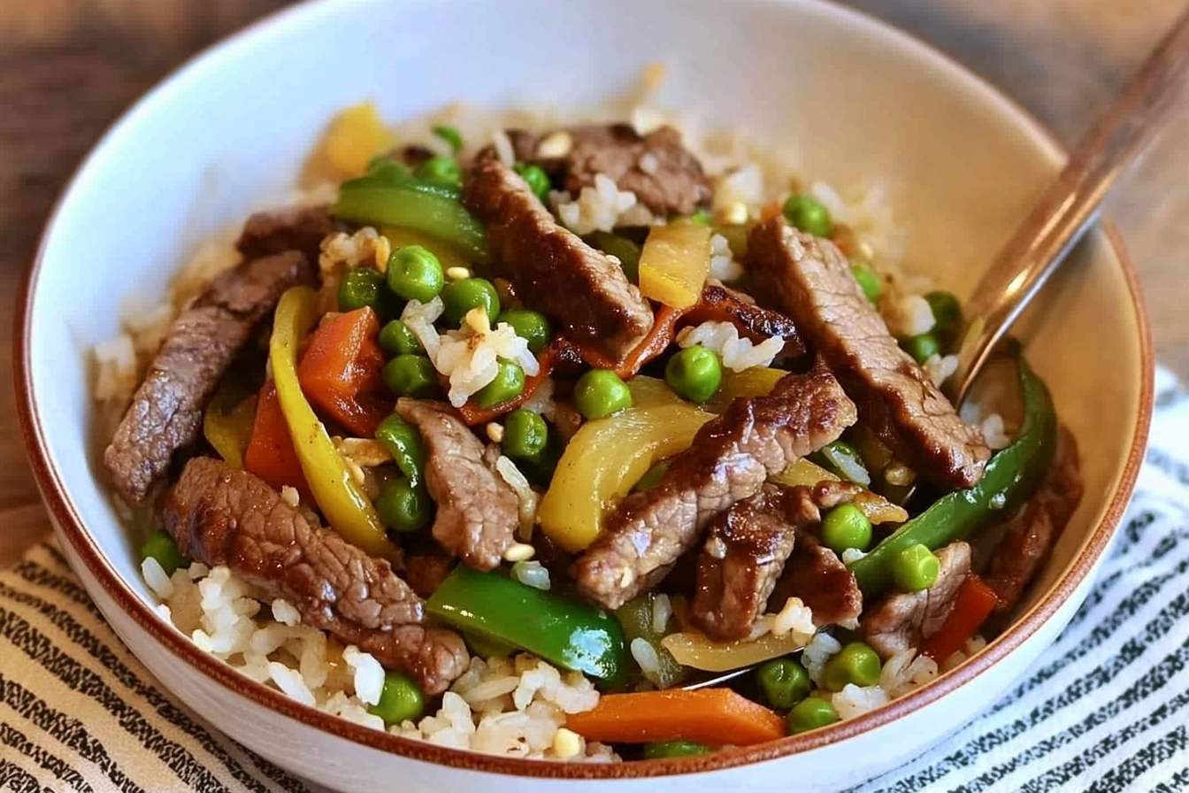 Sauté de riz, légumes et viande