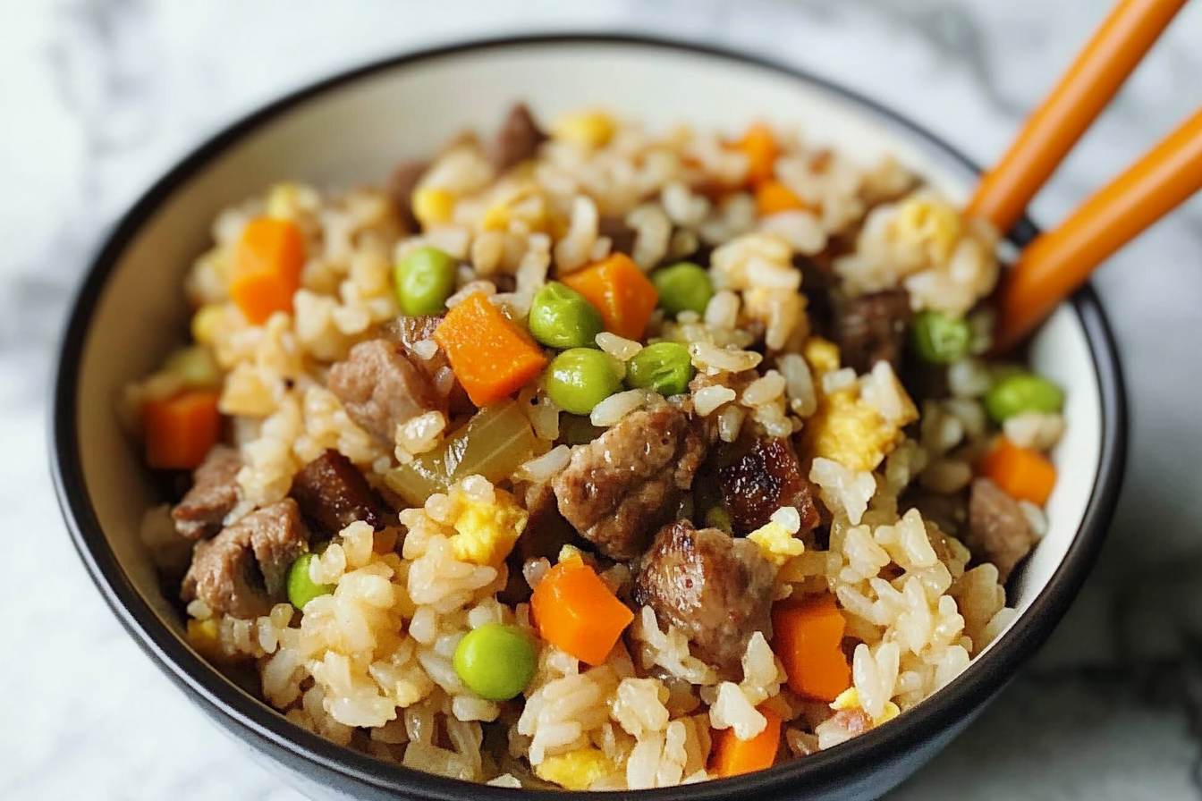 Arroz frit avec viande de boeuf