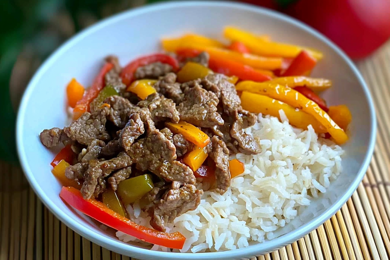 Bowl de riz, viande et poivrons