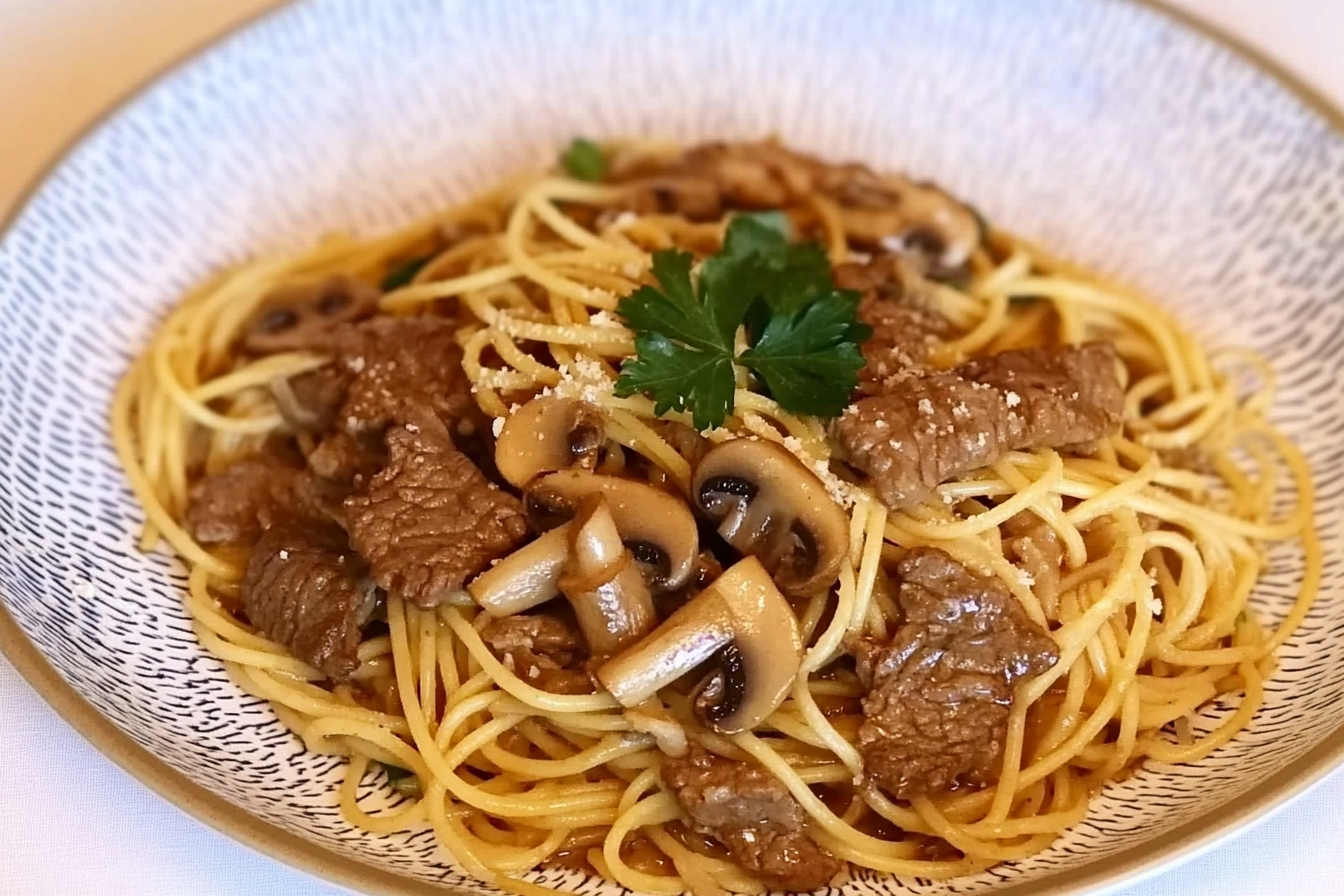 Espaguetis au bœuf et champignons