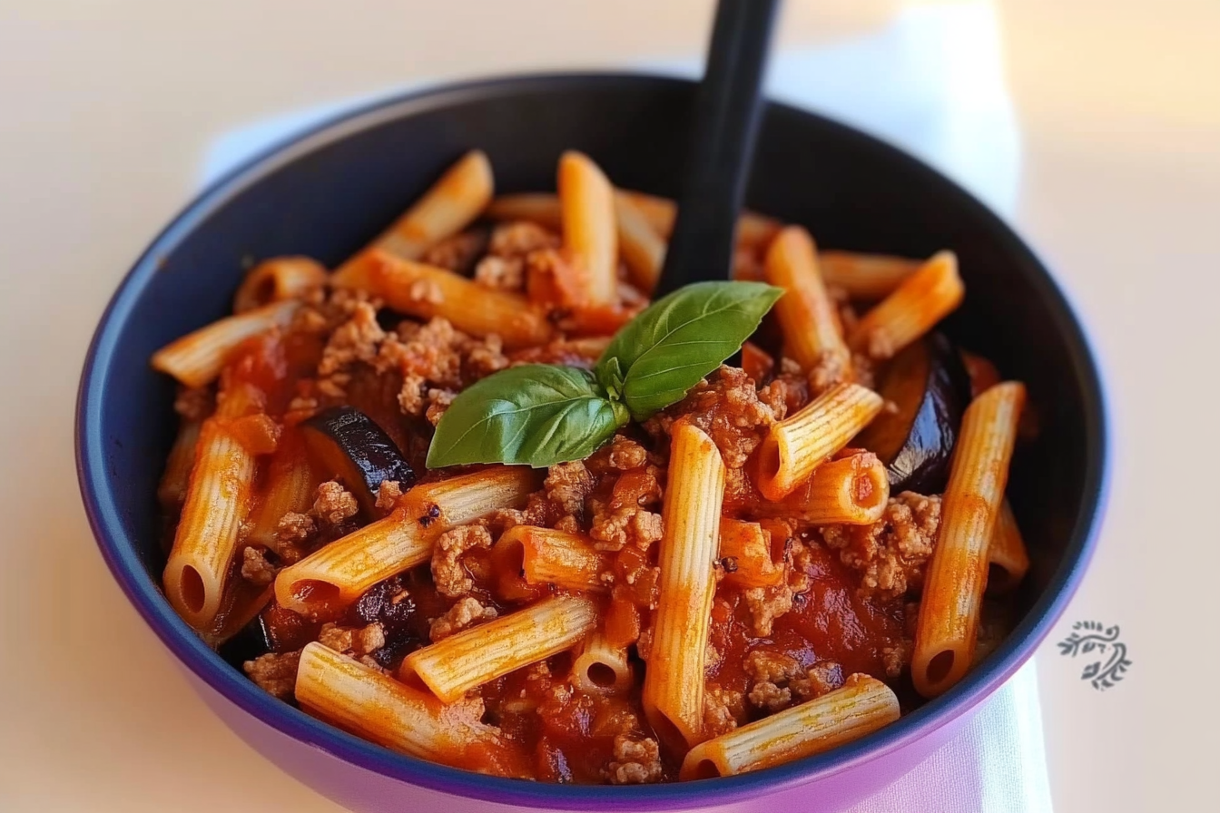 Macaroni aubergine et viande hachée