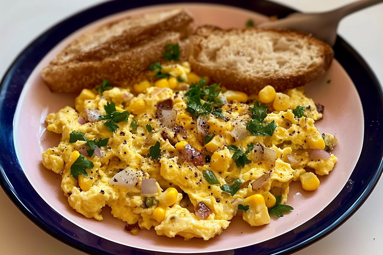 Œufs brouillés au maïs et oignons