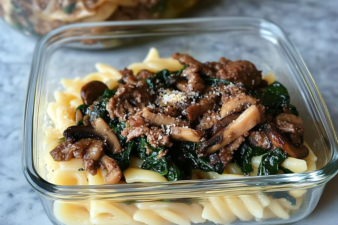 Pâtes à la viande et épinards