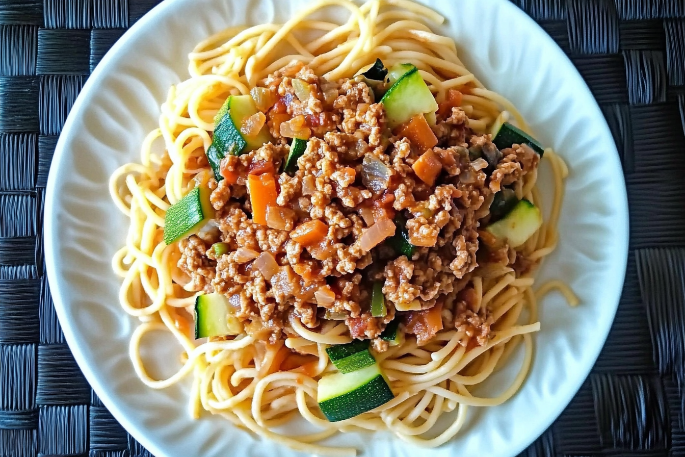 Pâtes complètes aux légumes et viande