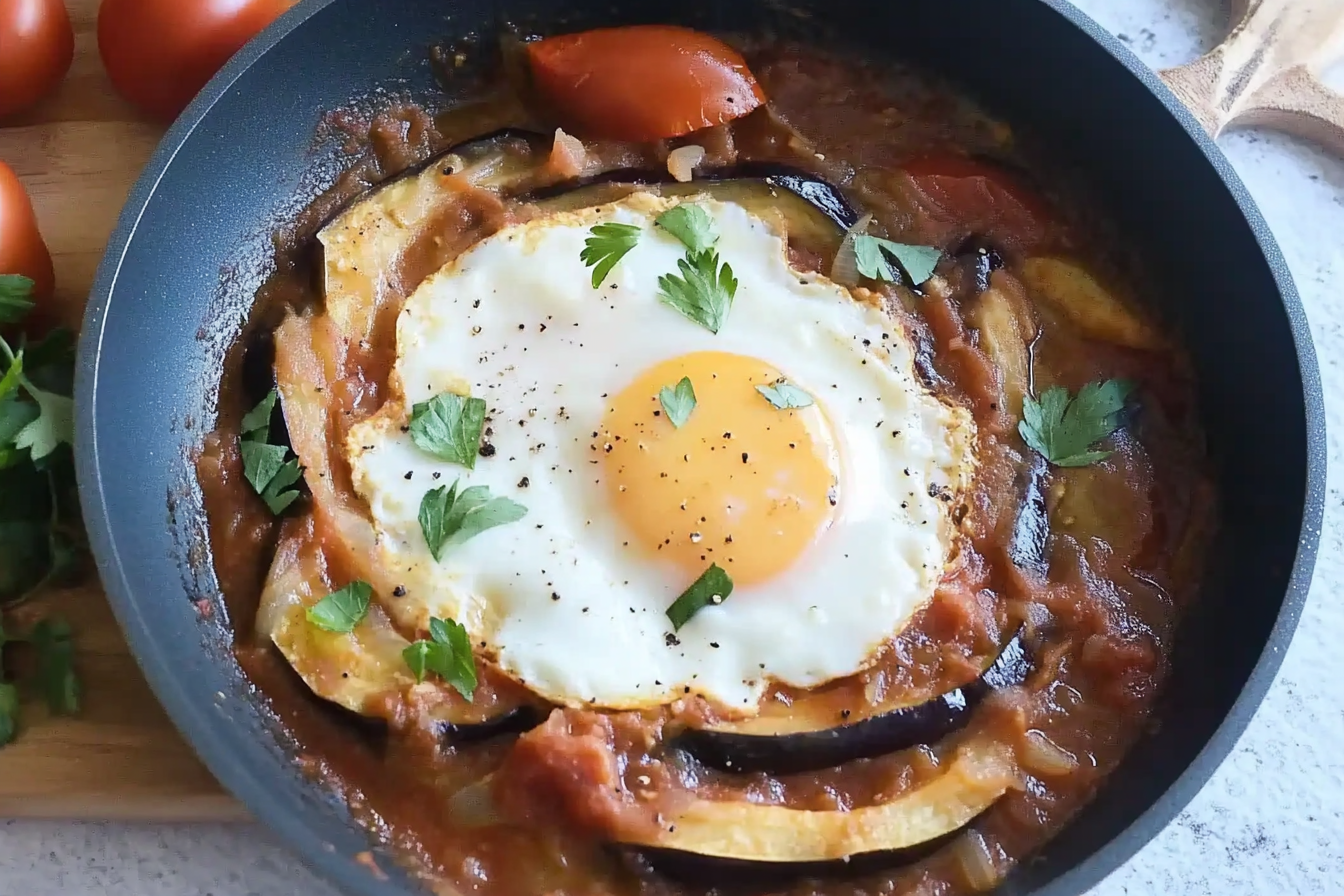 Sauté d'aubergines, tomates et œufs
