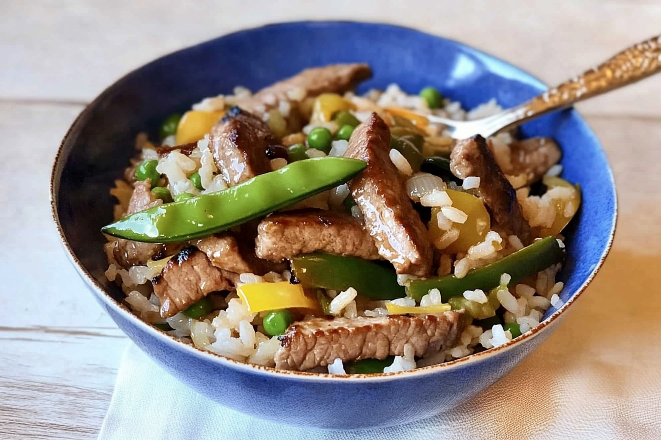 Sauté de riz, légumes et viande