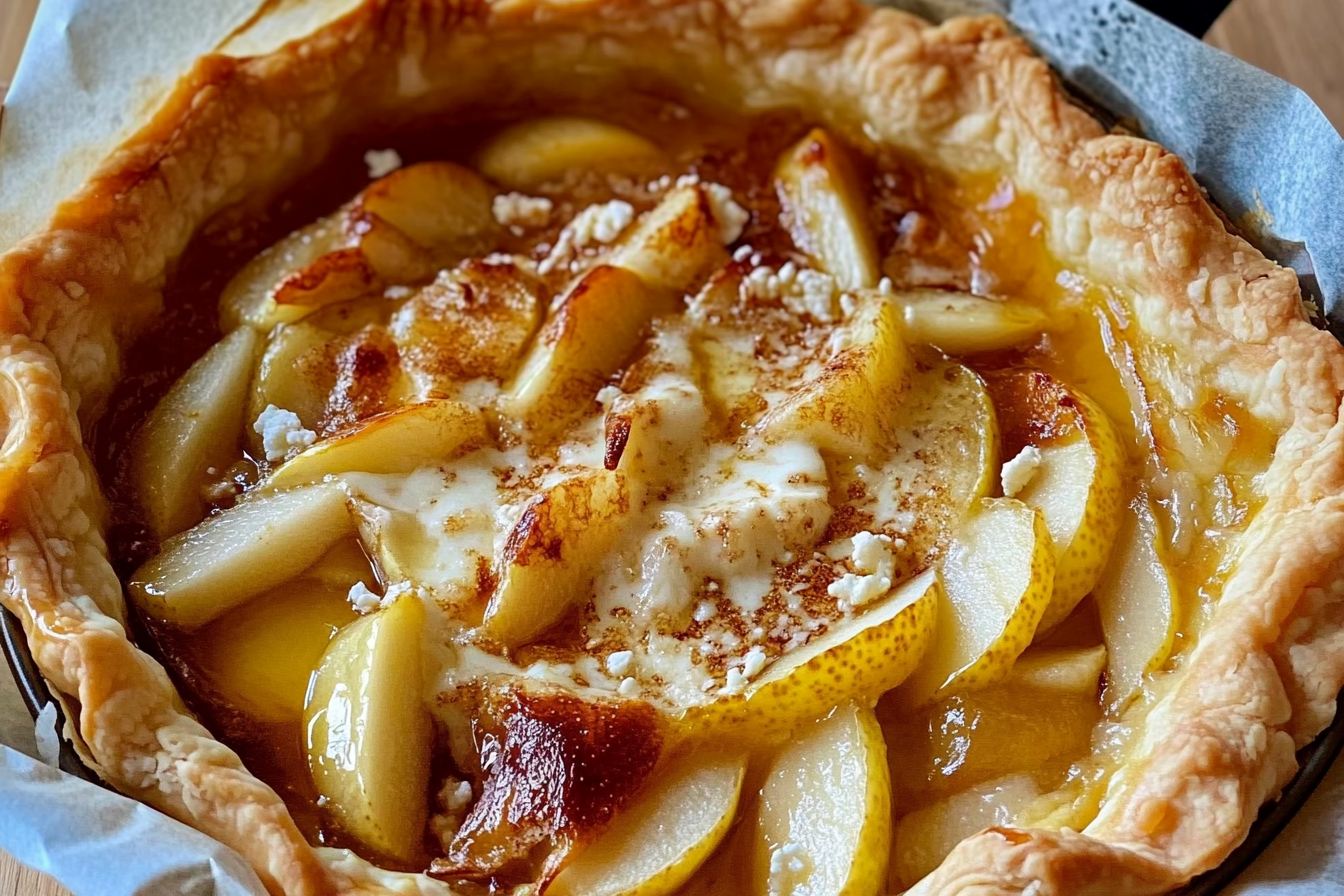 Tarte aux poires, fromage et miel