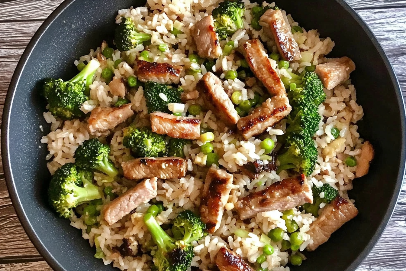 Arroz sauté au porc et brocoli