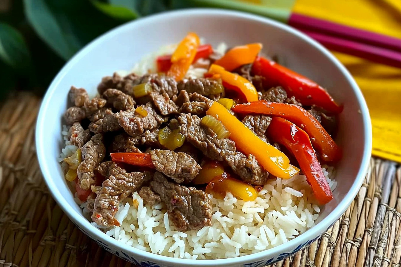 Bowl de riz, viande et poivrons