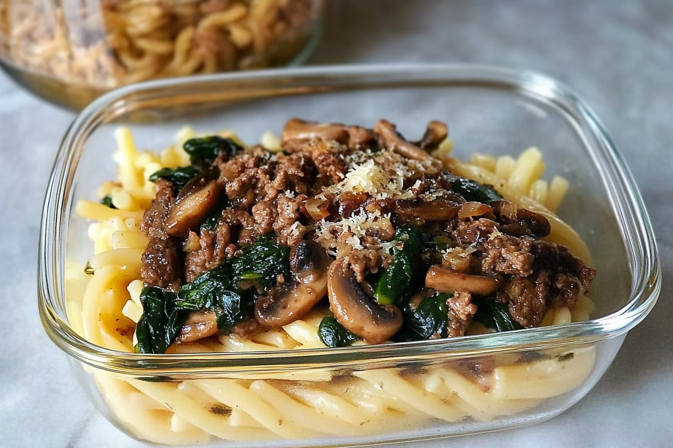 Pâtes à la viande et épinards