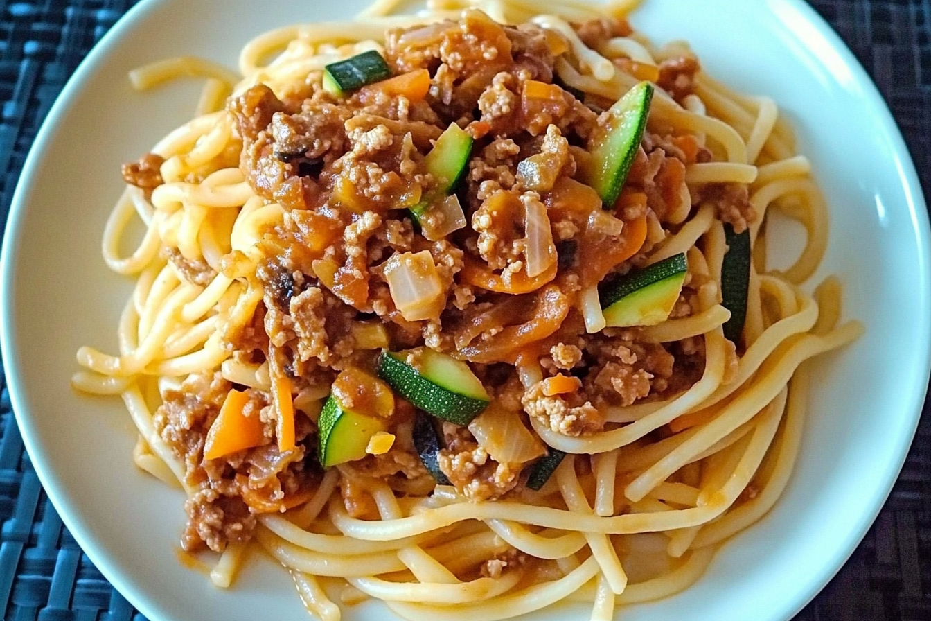 Pâtes complètes aux légumes et viande