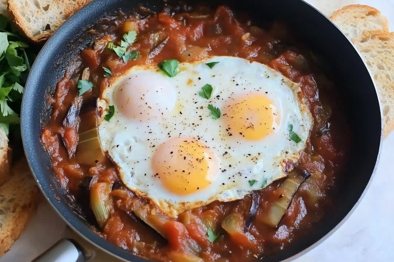 Sauté d'aubergines, tomates et œufs