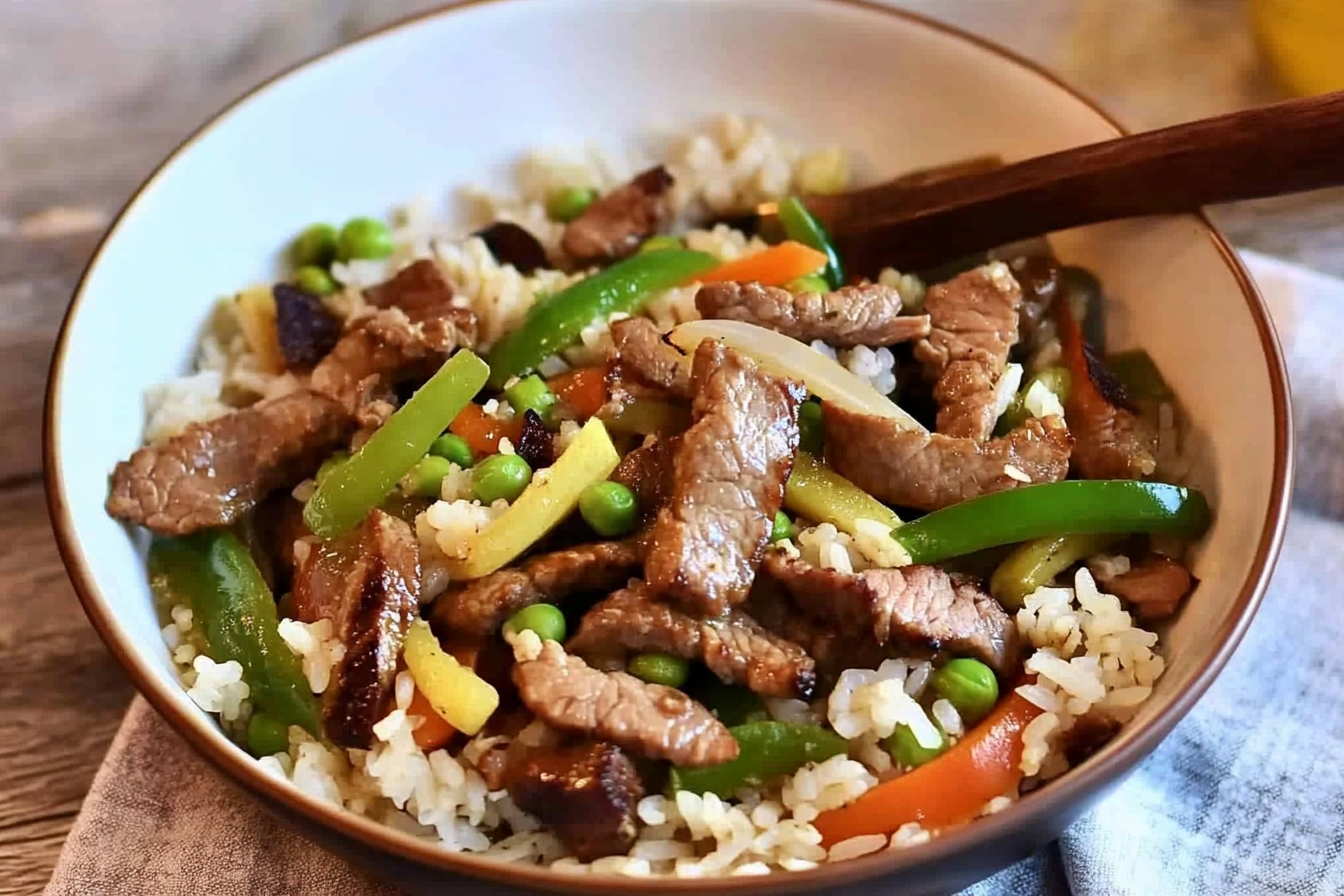 Sauté de riz, légumes et viande