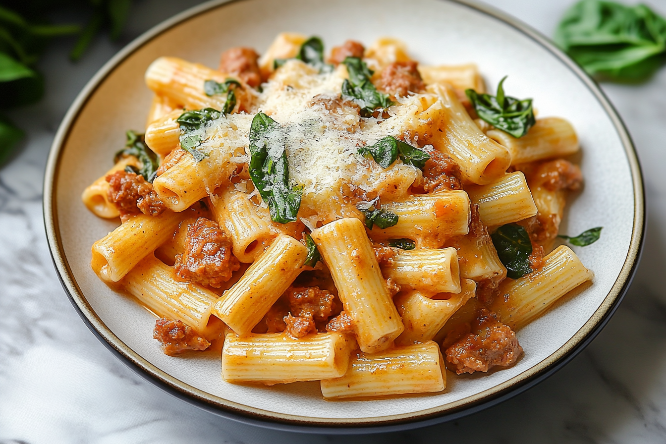 Rigatoni crémeux aux saucisses