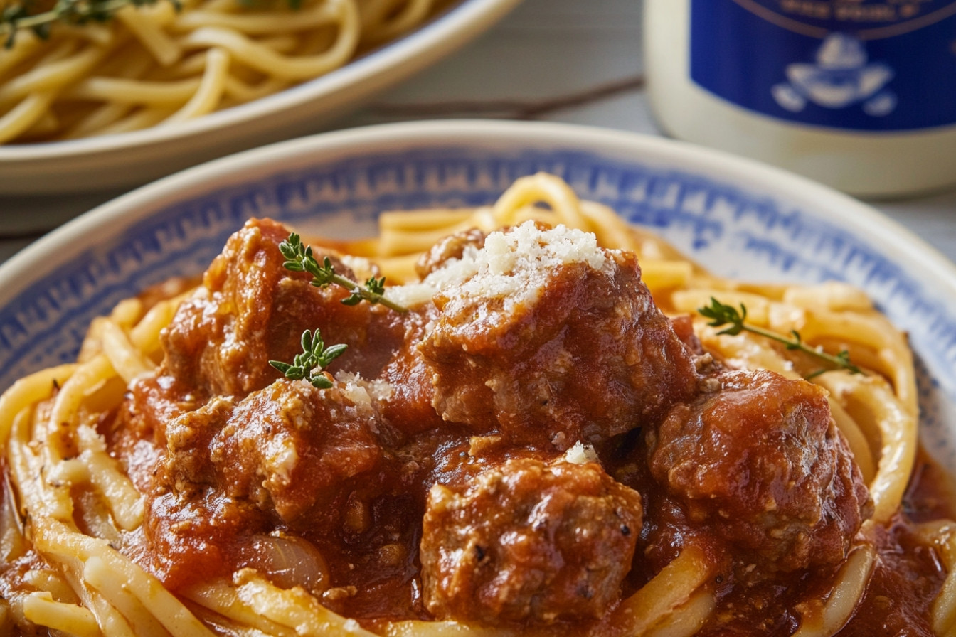 Boeuf en sauce rouge et pâtes