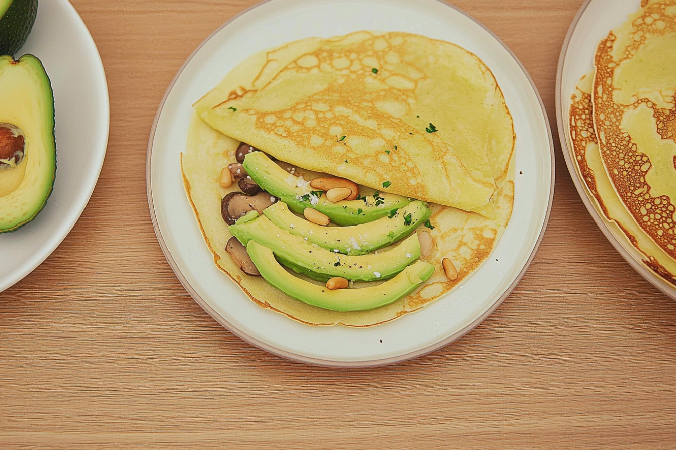 Crêpes aux avocats, champignons et pignons