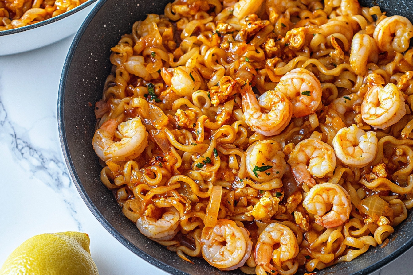 Fidéua aux gambas et seiche