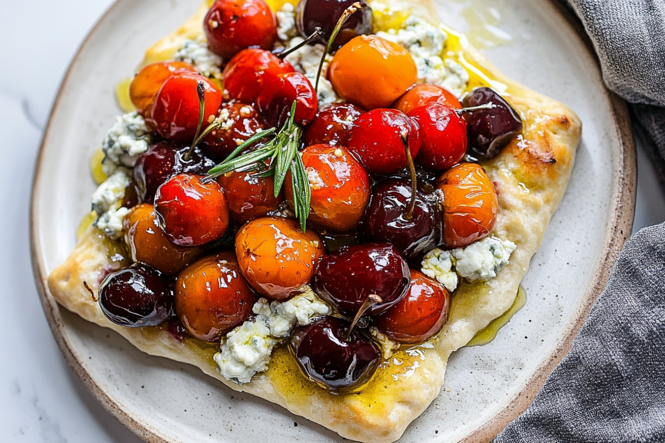 Focaccia gorgonzola et cerises rôties