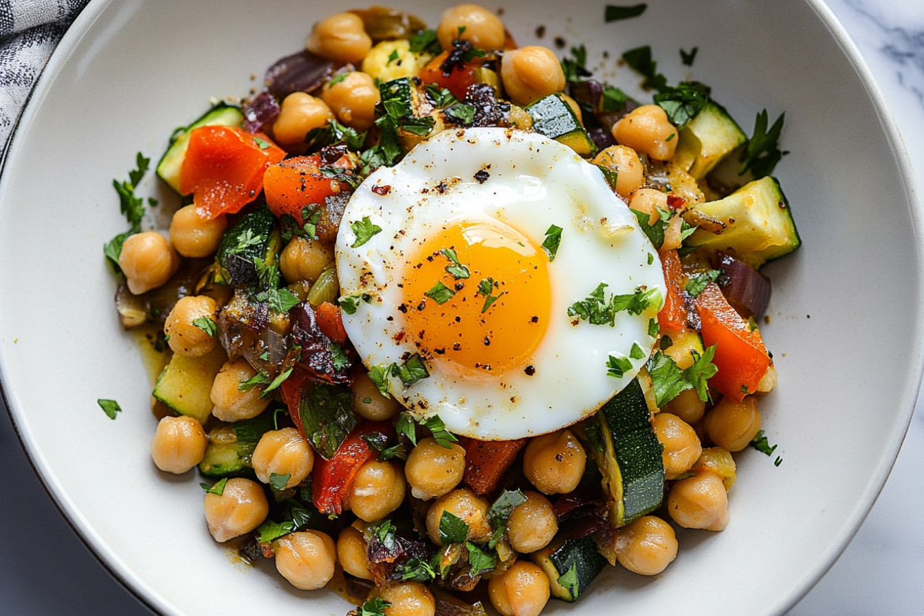 Garbanzos aux légumes et œuf