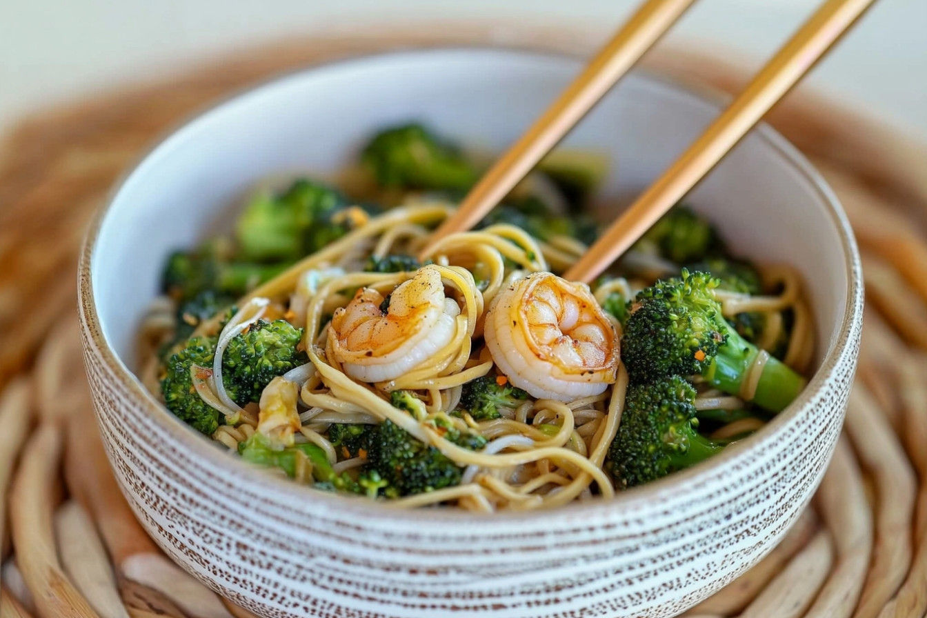 Noodles aux gambas et brocoli