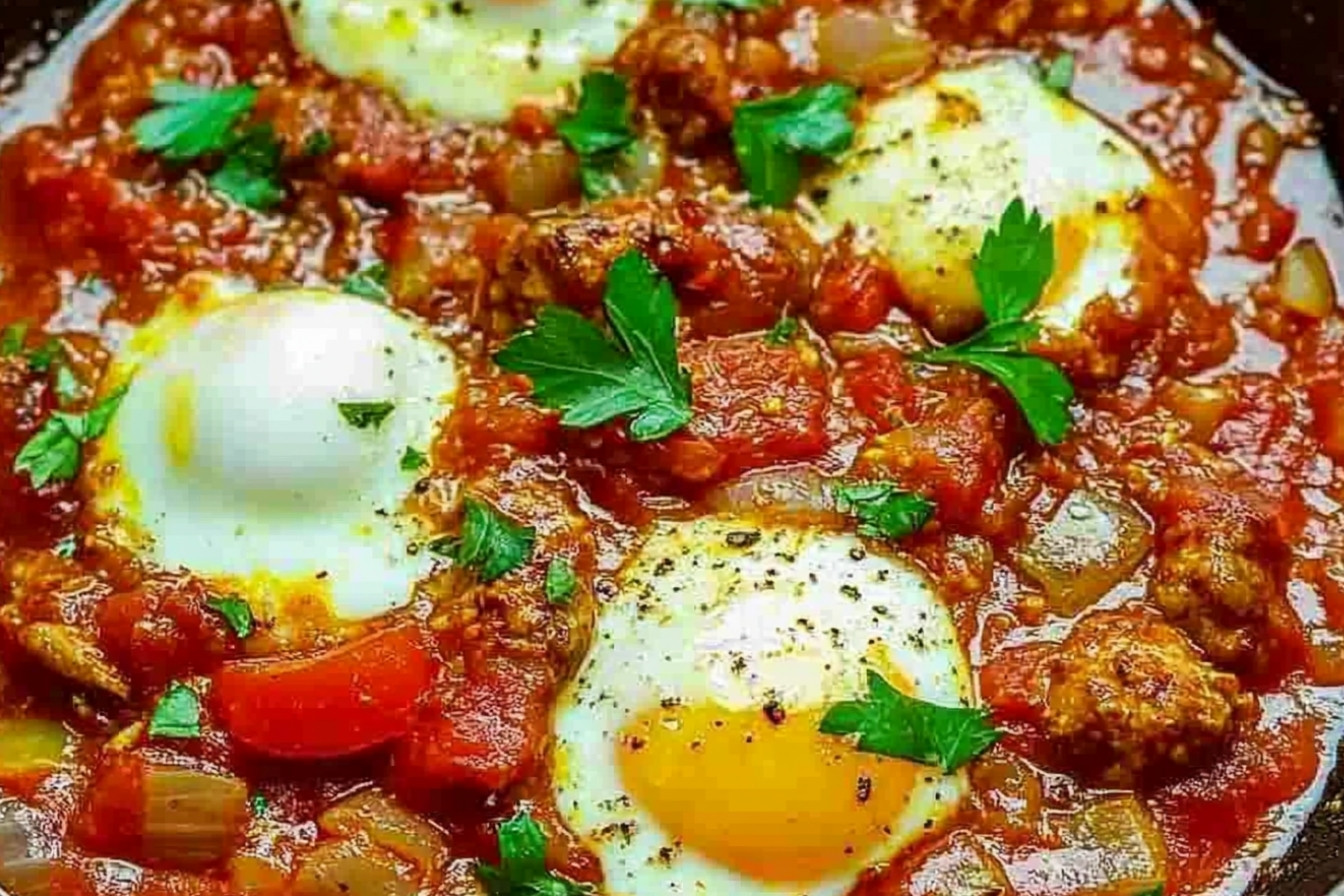 Œufs braisés aux saucisses et tomates