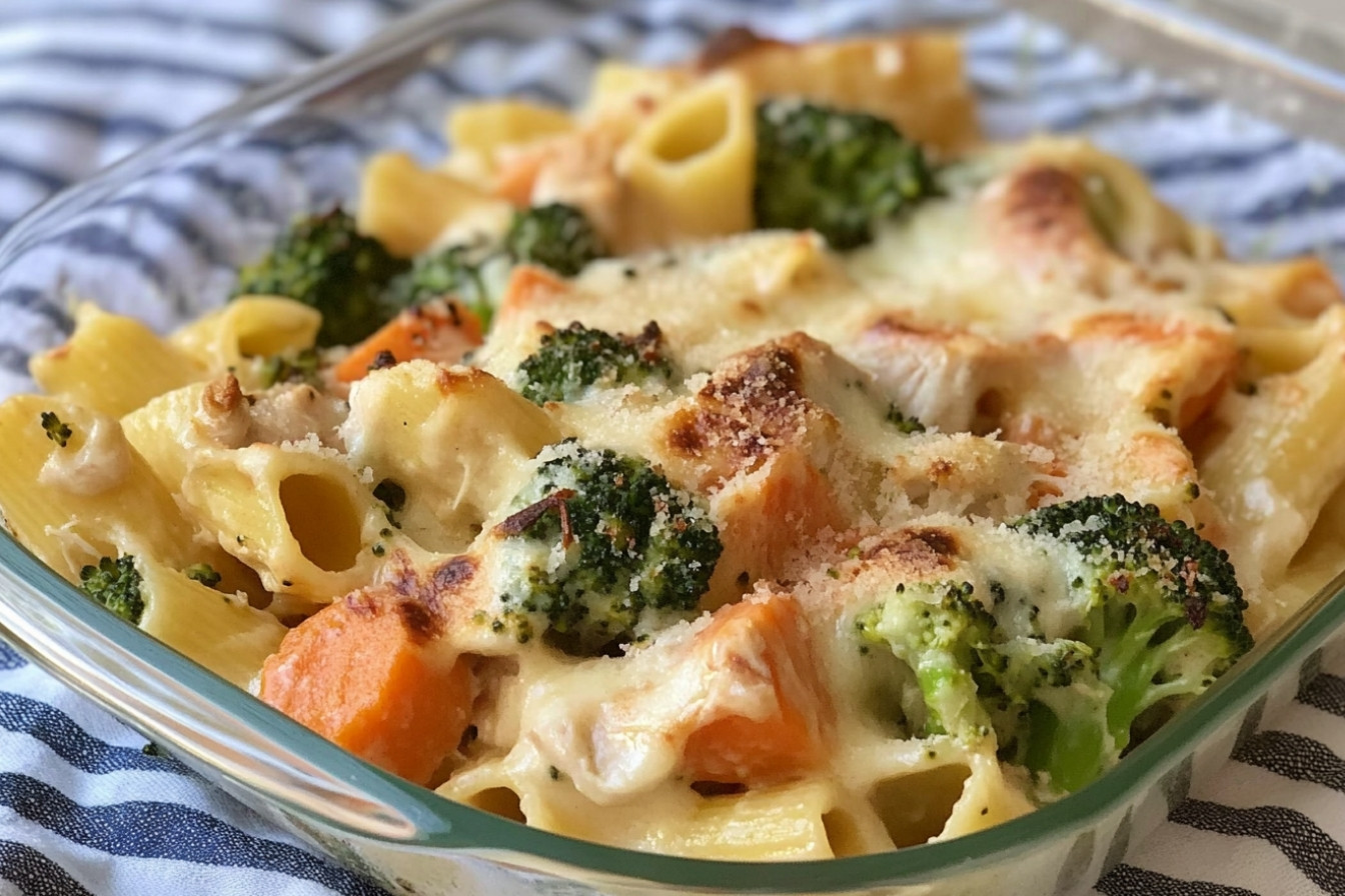 Pâtes au poulet, brocoli et carottes