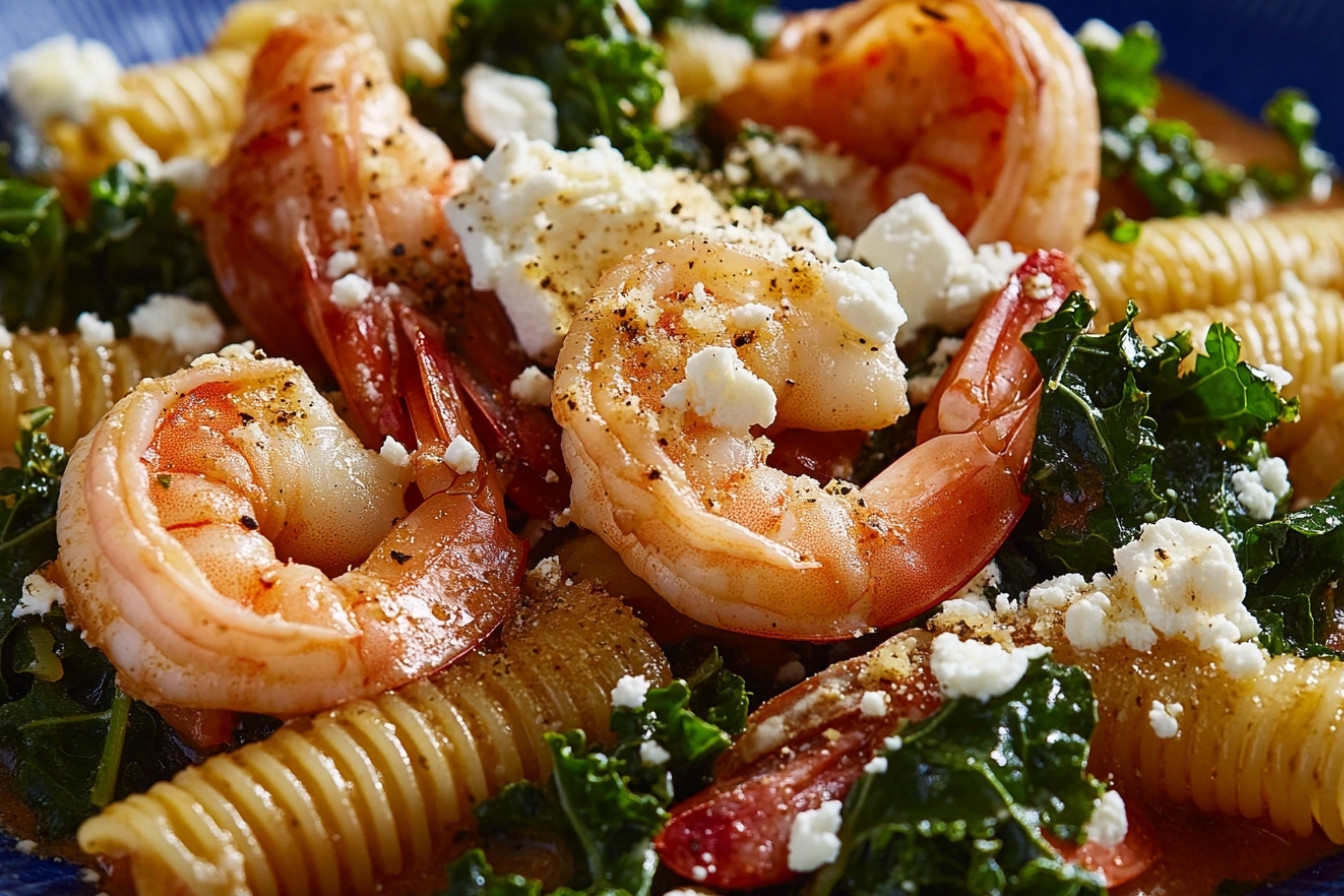 Pâtes aux gambas et kale