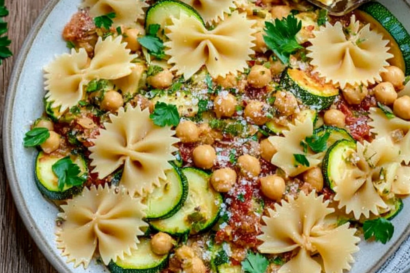 Pâtes farfalle courgettes et pois chiches