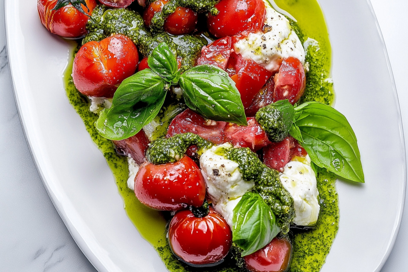 Tomates cerises, burrata et pesto